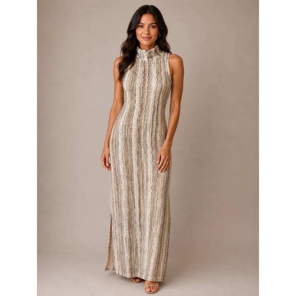 Skies Are Blue Crochet Mock Neck‎ Sleeveless Maxi Dress 96225 Beige XS NEW